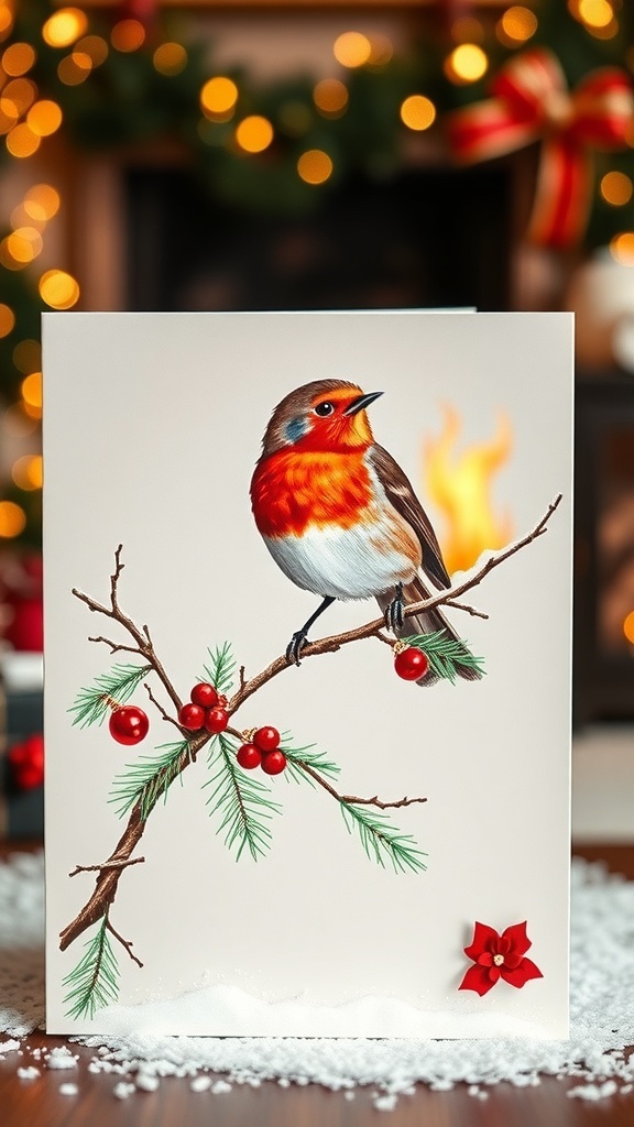 A Christmas card with a hand-painted robin on a snowy branch, decorated with holiday elements.